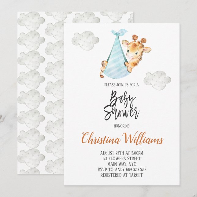 Neutralt Baby Shower Giraffe Unge minimal Cute Inbjudningar (Fram/baksida)