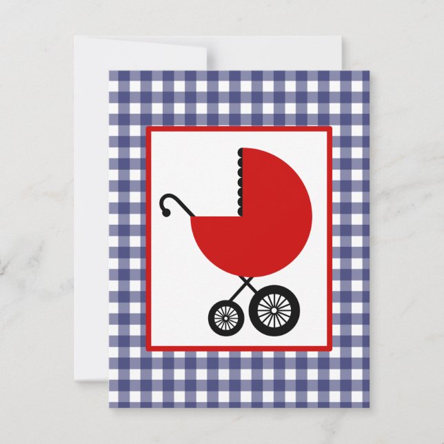 Neutralt Baby Shower - Red Carriage & Blue Gingham Inbjudningar (Framsida)