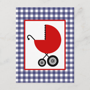 Neutralt Baby Shower - Red Carriage & Blue Gingham Inbjudningar