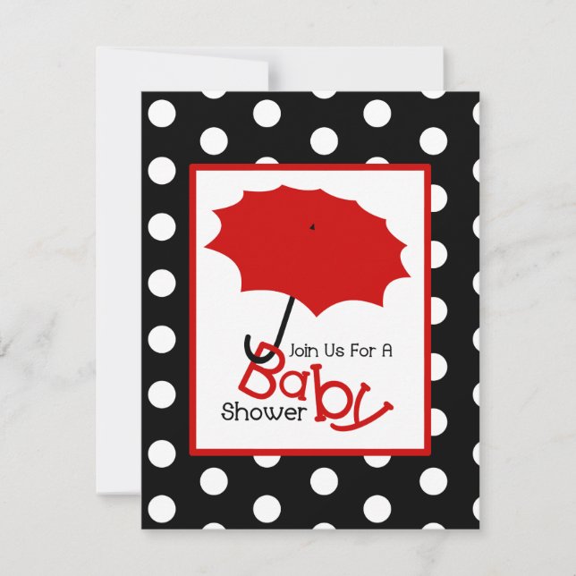 Neutralt Baby Shower - Red Umbrella & Polka dots Inbjudningar (Framsida)