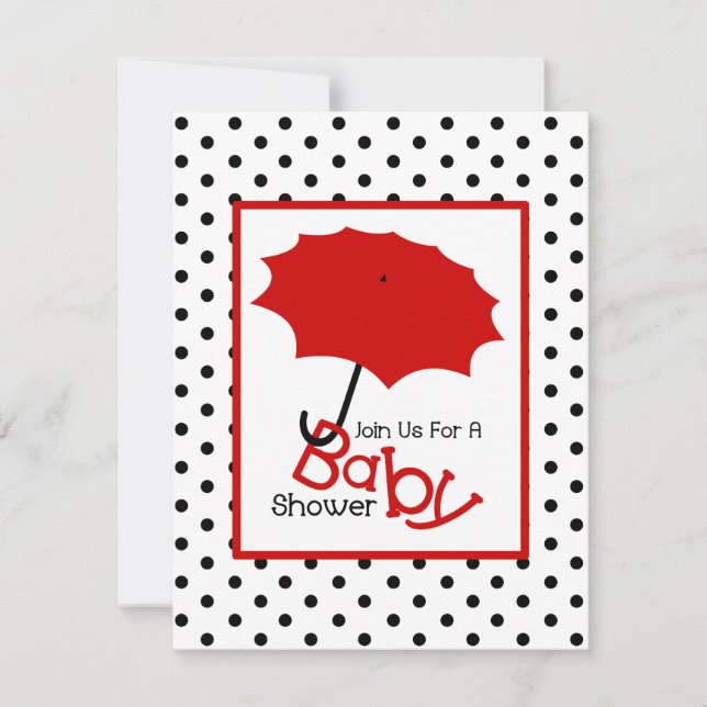 Neutralt Baby Shower - Red Umbrella & Polka dots Inbjudningar (Framsida)