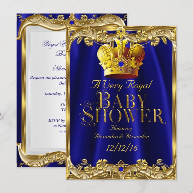Neutralt Baby Shower Royal Blue Gem Guld Krona Inbjudningar (Fram/baksida)