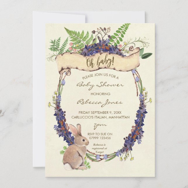 neutralt-babyduschinbjudan, skogskanin inbjudningar (Framsida)