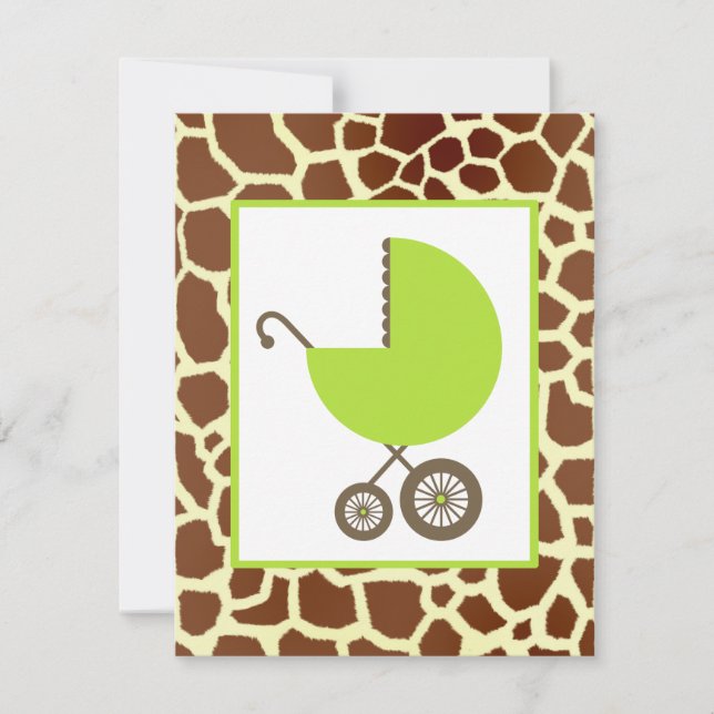 Neutralt Babykläder Grönt Carriage & Giraffe Print Inbjudningar (Framsida)