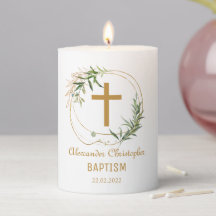 Neutralt Baptism Guld & Greenery Pillar Candle