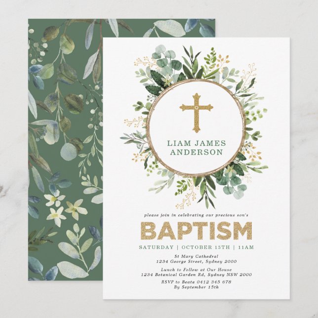 Neutralt Baptism i färska botaniska Grey Guld Inbjudningar (Fram/baksida)