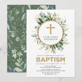 Neutralt Baptism i färska botaniska Grey Guld Inbjudningar