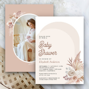 Neutralt Beige Blommigt Pampas Photo Baby Shower Inbjudningar