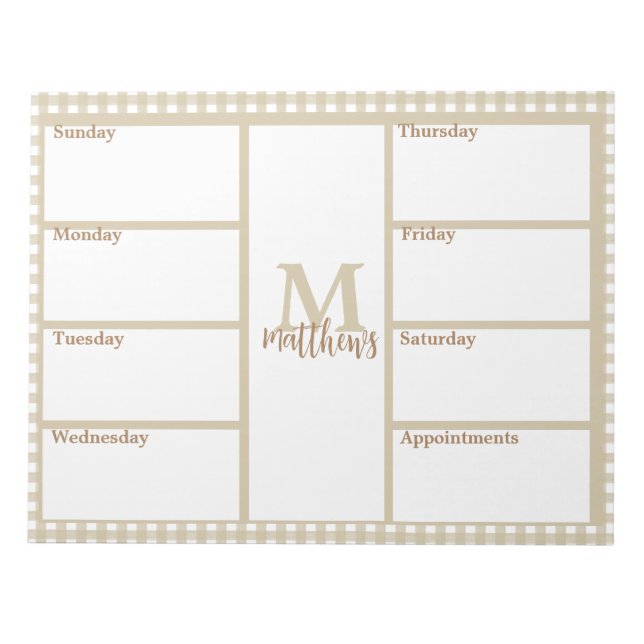 Neutralt Beige Gingham Play Weekly Planner Anteckn Anteckningsblock (Framsida)