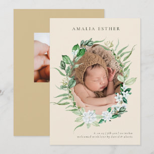 Neutralt Beige Greenery Wandan Birth Notice Inbjudningar