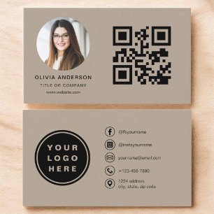 Neutralt Beige Modern Minimalist Photo med QR-kod Visitkort