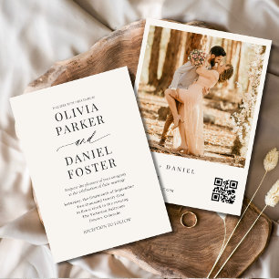 Neutralt Beige QR-Elegant Foto Modern Bröllop Inbjudningar