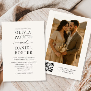 Neutralt Beige QR-kod Foto Bröllop Inbjudningar