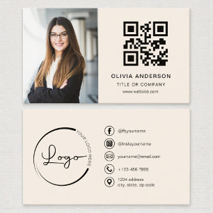 Neutralt Beige Taupe Photo QR Code Social Media Visitkort