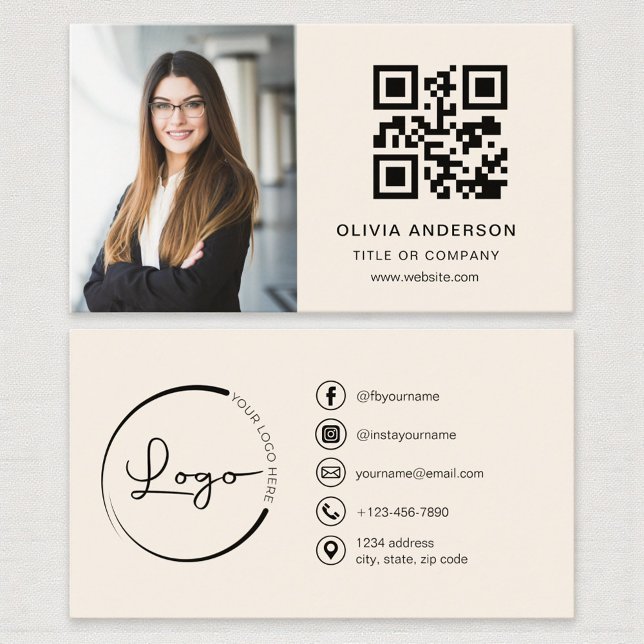 Neutralt Beige Taupe Photo QR Code Social Media Visitkort (Skapare uppladdad)