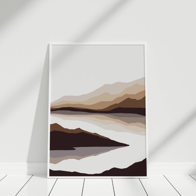 Neutralt bergflodsabstrakt landskapsväggkonst poster (Neutral Abstract Mountain and River Wall Art in white frame agianst white wall.)