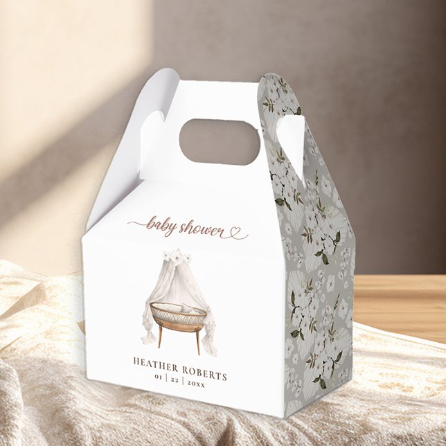 Neutralt Blommigt Boho Baby Shower-favoritruta Presentaskar (Boho Nursery Bassinet Baby Shower Favor Box)