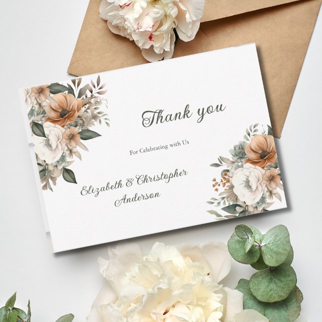 Neutralt Blommigt Botanical Beige Greenery Bröllop Tack Kort (Neutral Flowers Floral Botanical Greenery Wedding Thank you card)