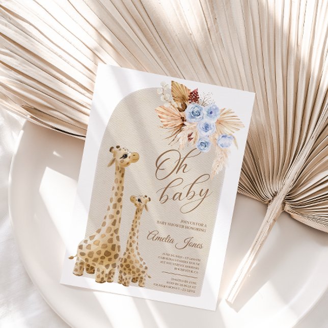 Neutralt Blue Pampas Grass Giraffe Baby Shower Inbjudningar (Skapare uppladdad)