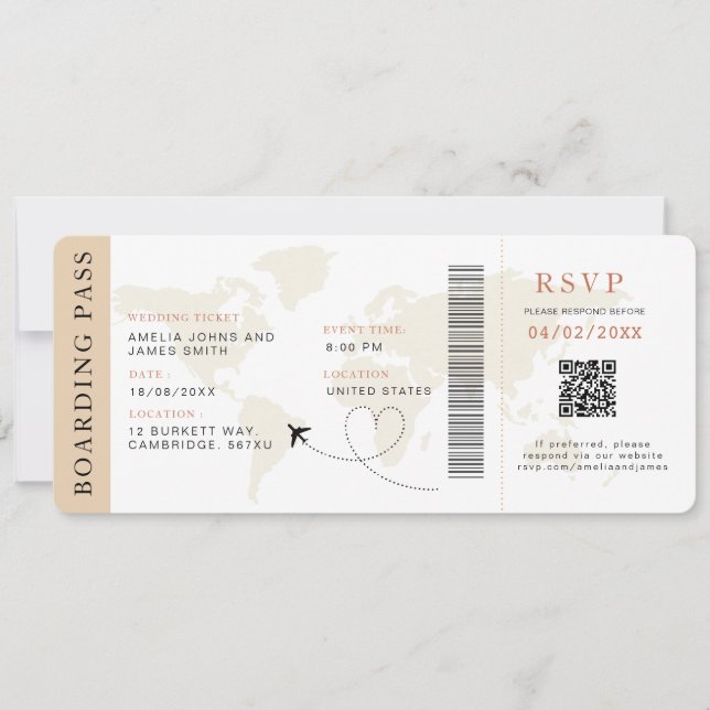 Neutralt Boarding Pass Destinationsbröllop QR-kod Inbjudningar (Framsida)