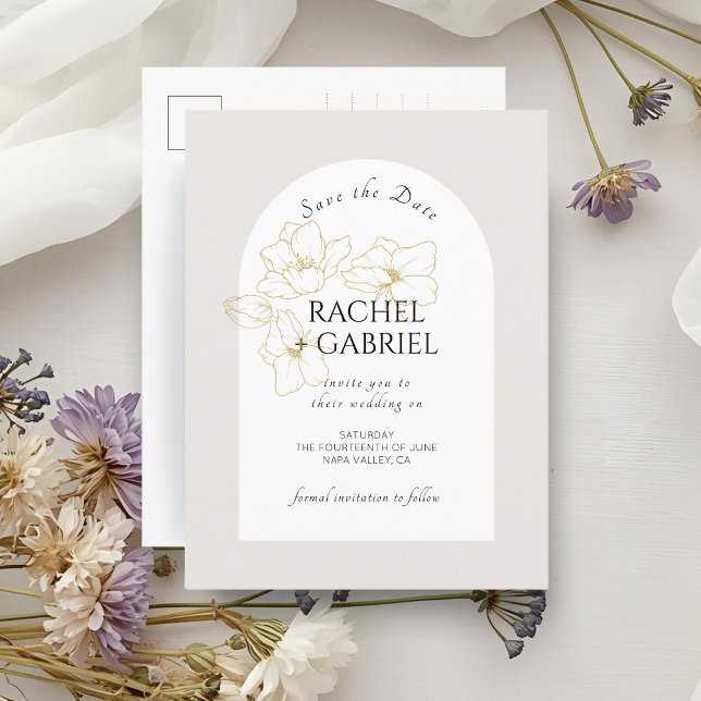 Neutralt | Boho Arch Guld Blommigt Bröllop Vykort (Skapare uppladdad)
