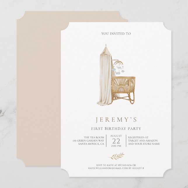 Neutralt Boho Baby första födelsedag Inbjudningar (Fram/baksida)