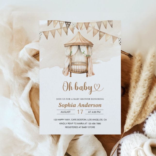 Neutralt Boho Baby Shower-inbjudan -Oh Baby-tema Inbjudningar (Skapare uppladdad)