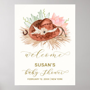 Neutralt Boho Cactus Cowboy Hat Baby Shower Välkom Poster