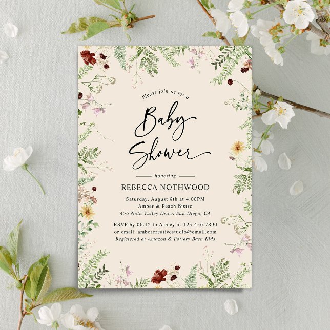 Neutralt Boho Chic Cute Wildblomma Baby Shower Inbjudningar (Skapare uppladdad)