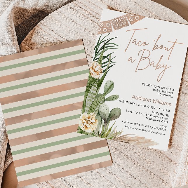 Neutralt Boho Fiesta Taco Bout A Baby Baby Shower Inbjudningar (Gender neutral taco 'bout a baby baby shower invitation featuring some cacti and beige flower.)