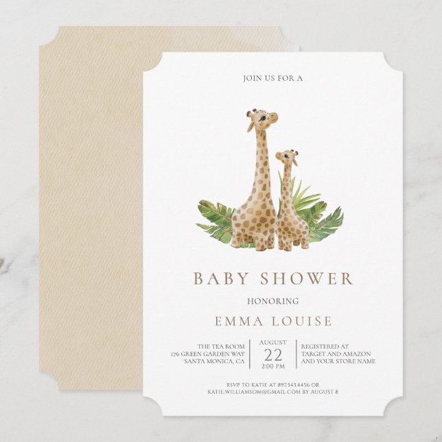 Neutralt Boho Giraffe Baby Shower-inbjudan Inbjudningar (Fram/baksida)