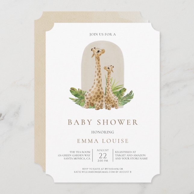 Neutralt Boho Giraffe Baby Shower-inbjudan Inbjudningar (Fram/baksida)
