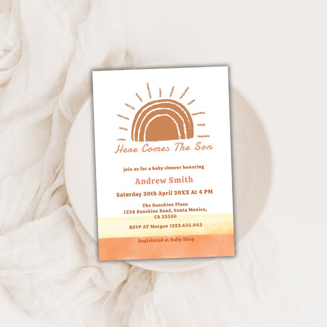 Neutralt Boho här kommer hit med barnskåran Inbjudningar (Neutral Boho Here Comes The Son Baby Shower Invitation)