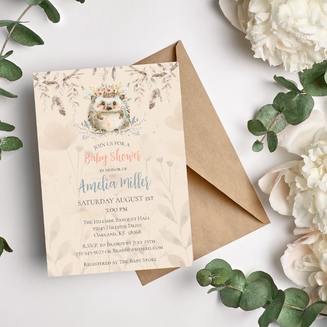 Neutralt Boho Hedgehog Baby Shower-inbjudan Inbjudningar (Hedgie Boho Watercolor Baby Shower Invitation)