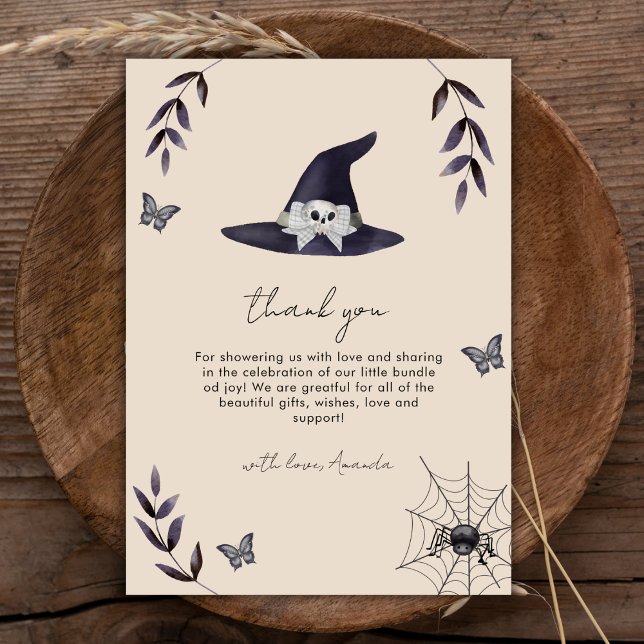 Neutralt Boho Little Boo Witch Hat Baby Shower Tack Kort (Neutral Boho Little Boo Witch Hat Baby Shower Thank You Card)