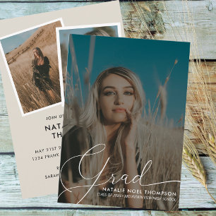 Neutralt Boho Photo Modern Script Studentfest Inbjudningar