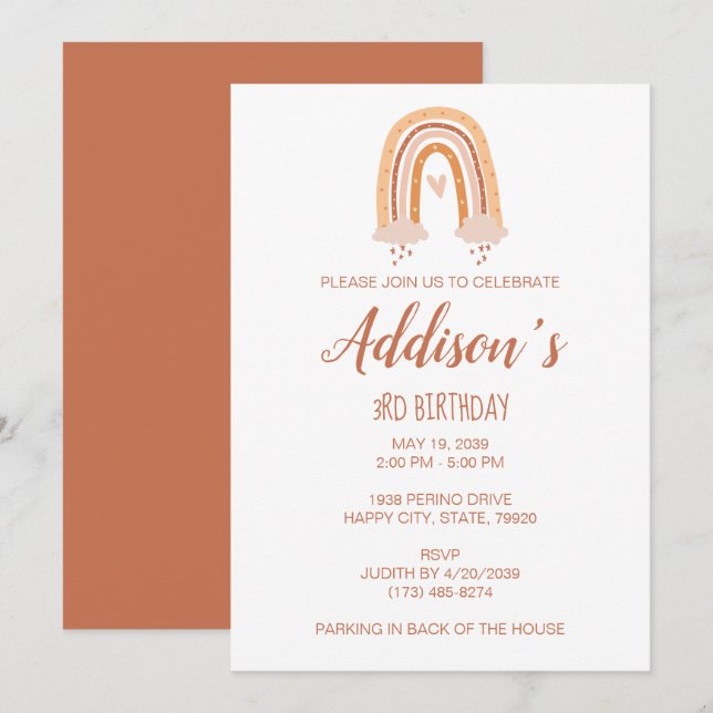 Neutralt Boho Rainbow Birthday Inbjudan (Fram/baksida)