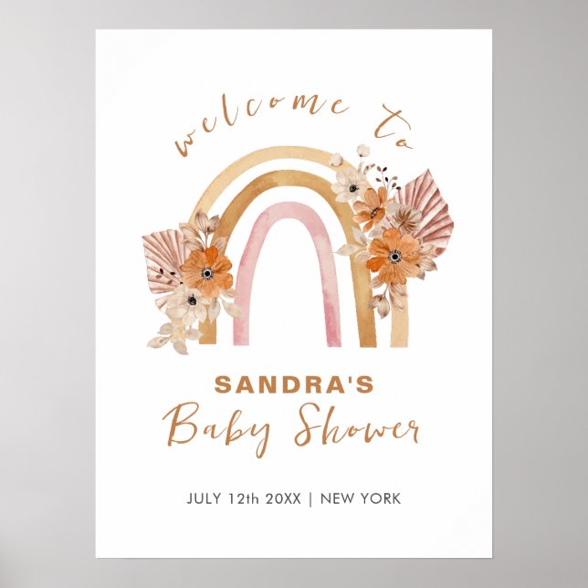 Neutralt Boho Rainbow Blommigt Baby Shower Välkomm Poster (Framsidan)