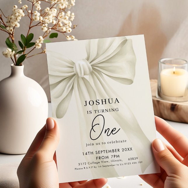 Neutralt Bow 1:a födelsedag Inbjudningar (Skapare uppladdad)