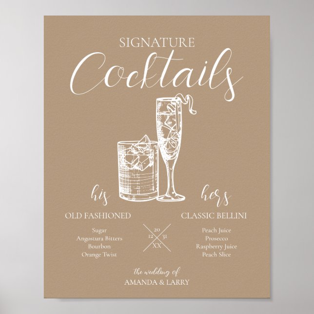 Neutralt Bröllop Namnteckning Cocktails Sign Poster (Framsidan)