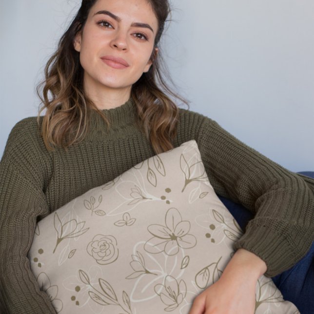 Neutralt Brown Minimalistisk modern Blommigt Kudde (Neutral, timeless, minimalist floral illustration throw pillow dessign)