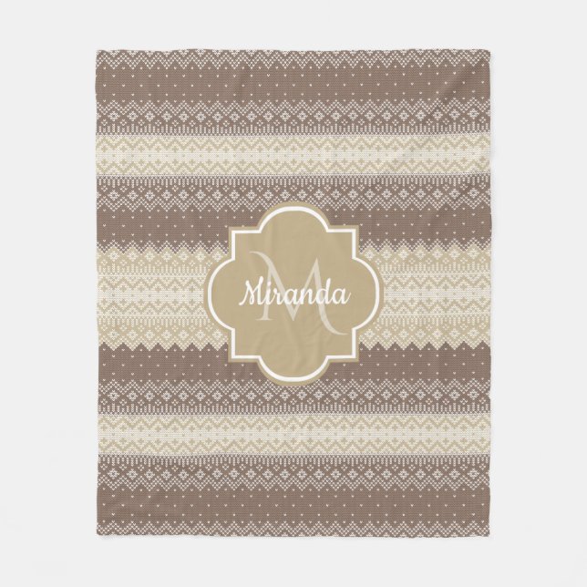 Neutralt Brown och Tan Sticka Mönster med Namn Fleecefilt (Framsidan)