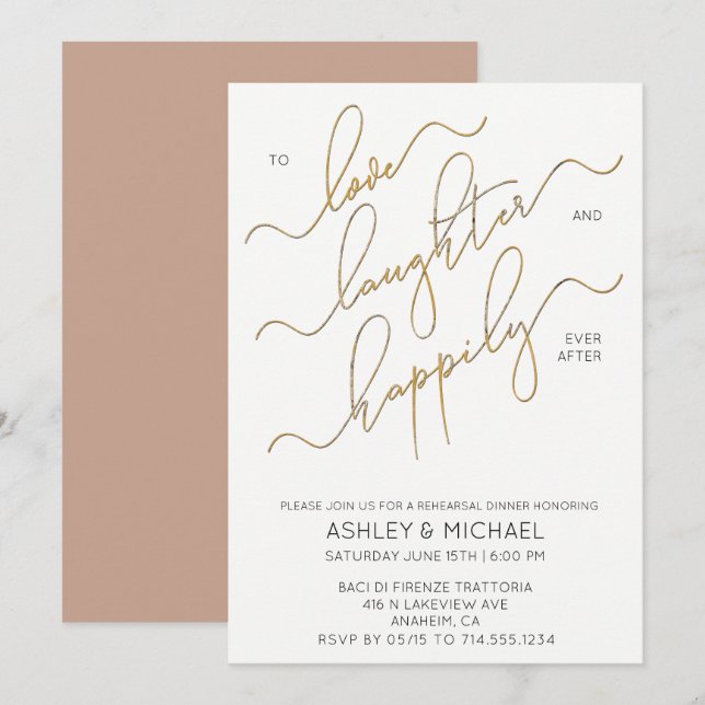 Neutralt  Brun Guld-skriptrepetitionsmiddag Inbjudningar (Fram/baksida)