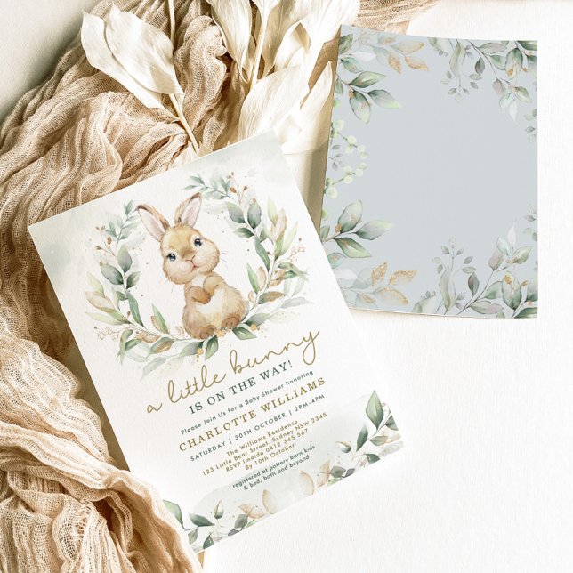 Neutralt Bunny Rabbit Greenery Guld Baby Shower Inbjudningar (Skapare uppladdad)