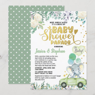 Neutralt Drive by Baby Shower Parad Grönt Elephant Inbjudningar