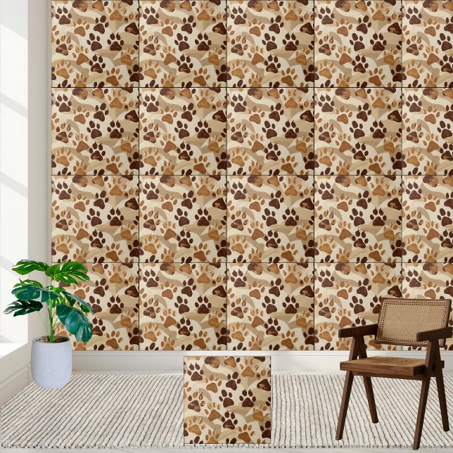 Neutralt Earth Tone Paw Print Mönster Tile Kakelplatta (Neutral Earth Tone Paw Print Pattern Tile)