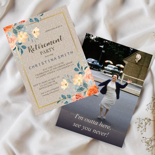 Neutralt Earthy Blommigt Watercolor Pension Party Inbjudningar (Neutral Earthy Floral Watercolor Retirement Party Invitation)