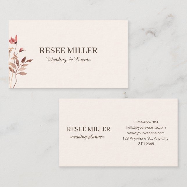 Neutralt Elegant Enkel vattenfärgsblommor Bröllop Visitkort (Fram/baksida)