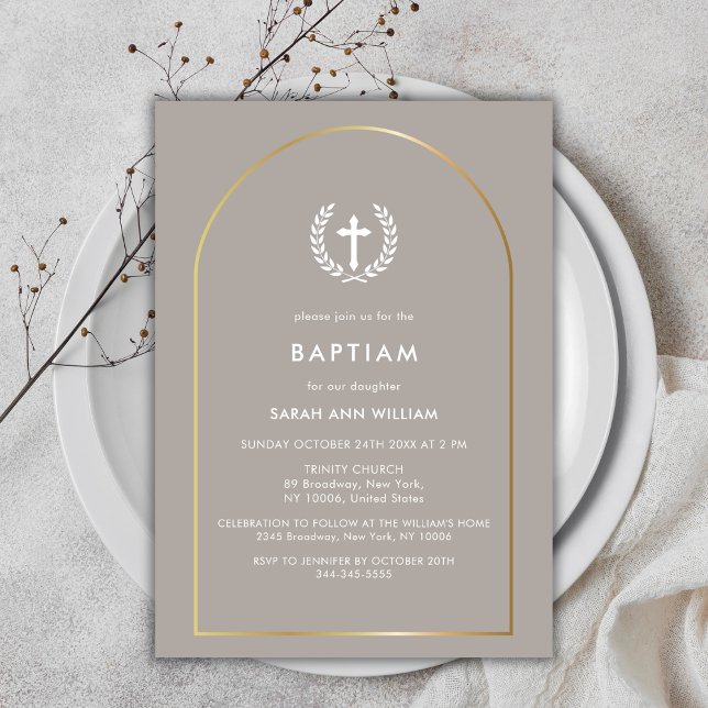 Neutralt Elegant Guld Utandning Kor Baptism i Inbjudningar (Neutral Elegant Gold Arch Wreath Cross Baptism Invitation)