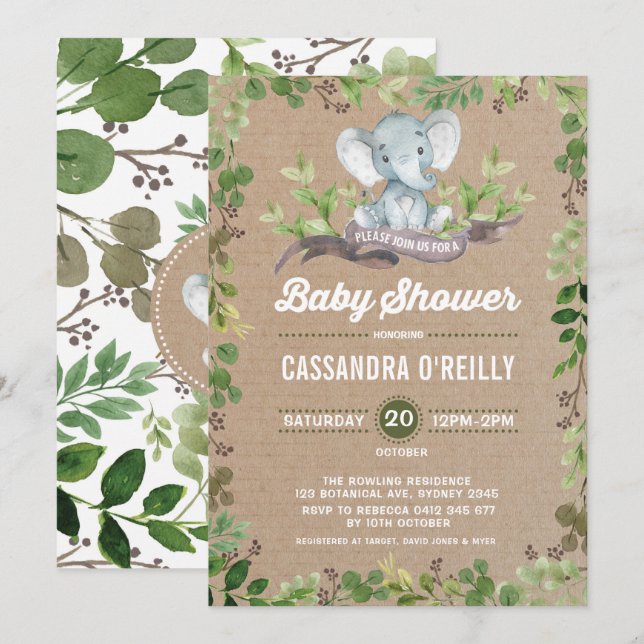 Neutralt Elephant Baby Shower Greenery-inbjudan Inbjudningar (Fram/baksida)